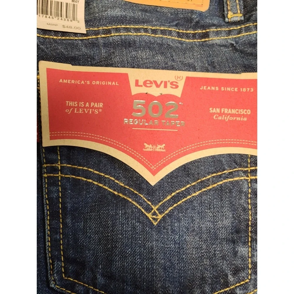 Levis 502 Regular Taper Boys Jeans Size 18 Reg 29x31 Dark Wash Distressed NWT
